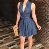 European & American Women's Denim Sleeveless Deep V-Neck Sexy Lace Mini Dress