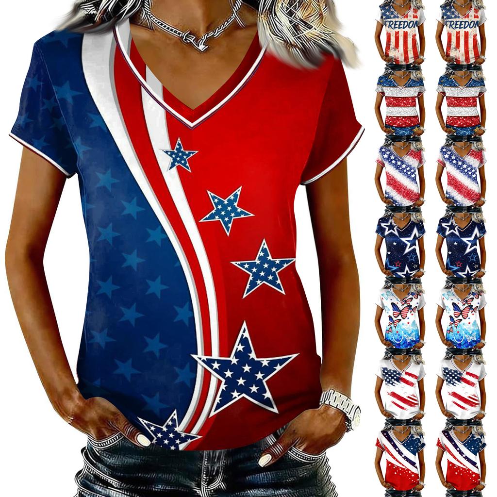 Women V Neck Short Sleeve Pullover T Shirt with Printed Star Pattern Casual Loose Fit Top for Everyday Wear
