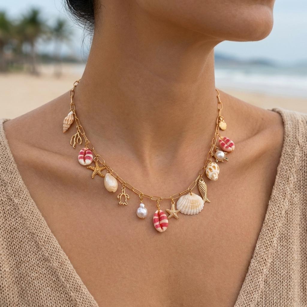 

Boho Colorful Shell Necklace For Women Gold Color Starfish Conch Scallop Pearl Charm Choker Summer Beach Vacation Resort Zircon