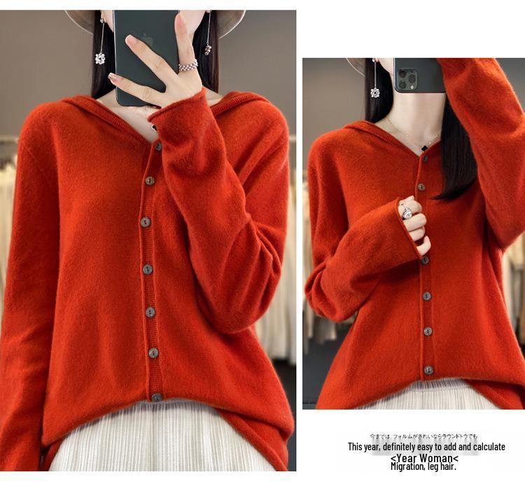 Women's 100% Wool Hooded Cardigan - Versatile Autumn/Winter Pure Color Knit Jacket