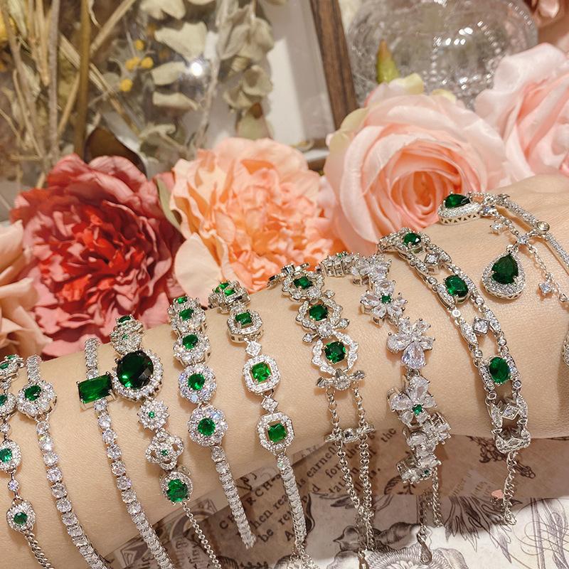 Camellia Women's High-End Elegant Artificial Emerald Bracelet Full Diamond Imitation Tourmaline Jewelry