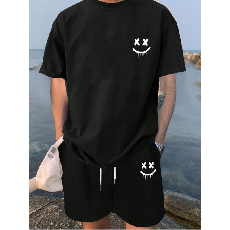 

2-piece Men s Summer Casual Eyelash Print Set, Round Neck Short Sleeved T-shirt and Drawstring Shorts XL