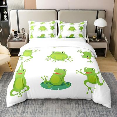 Set Copripiumino Rana Cartone Animato, Set Biancheria da Letto Matrimoniale Animale Carino per Ragazzi Ragazze Adolescenti Microfibra Cerniera Copripiumino con Federa