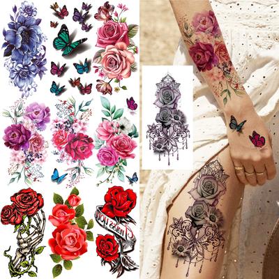 1 Sheet Watercolor Temporary Tattoos For Women Adults Girls 3D Rose Flower Butterfly Peony Tattoo Sticker Washable Transferable