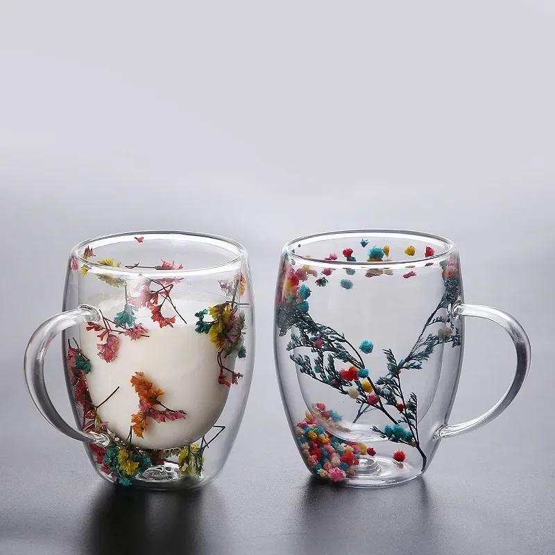 Creative Double Wall Glass Cup Real Flower Conch Flash Filler Glass Cups Hand Gifts High Borosilicate Glass Cups with Handles