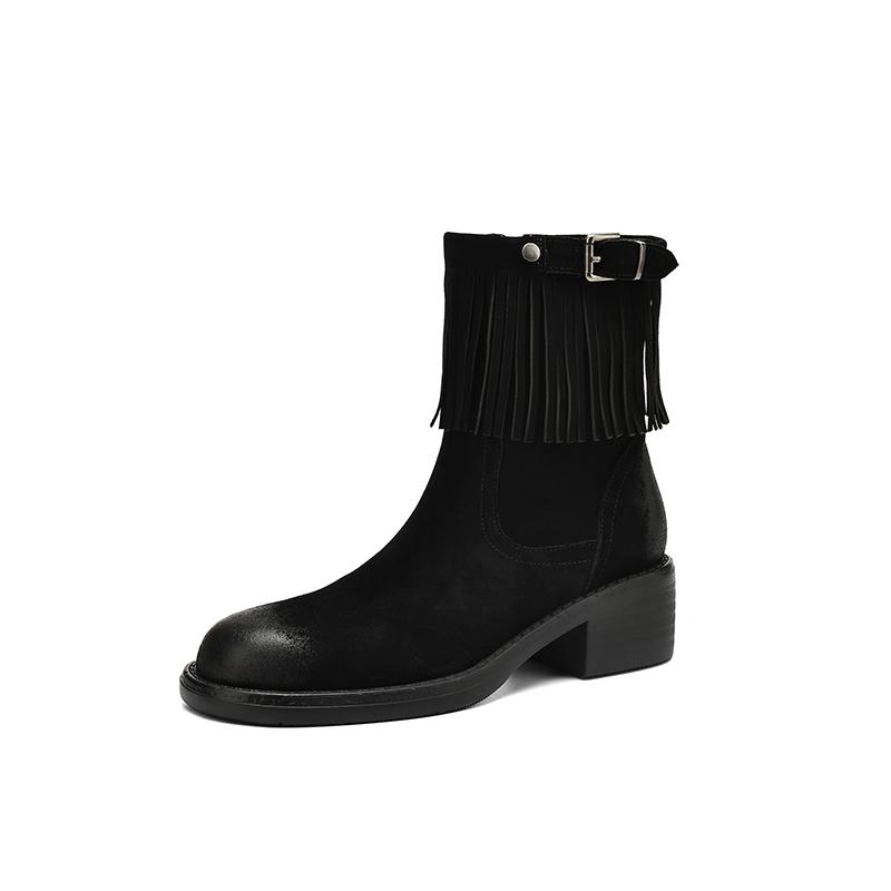 Fashion 2025 New Autumn Women Boots Round Toe Med Heel Cow Suede Leather Women Shoes Zipper Tassels mid-calf Boots Modern Boots