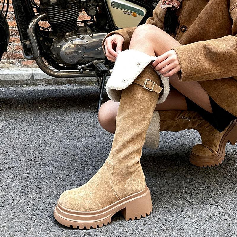 

Сапоги-ботфорты на высоком каблуке, плюшевые хлопковые сапоги, женская обувь 2025, новые осенне-зимние маленькие длинные сапоги-рыцари 40
