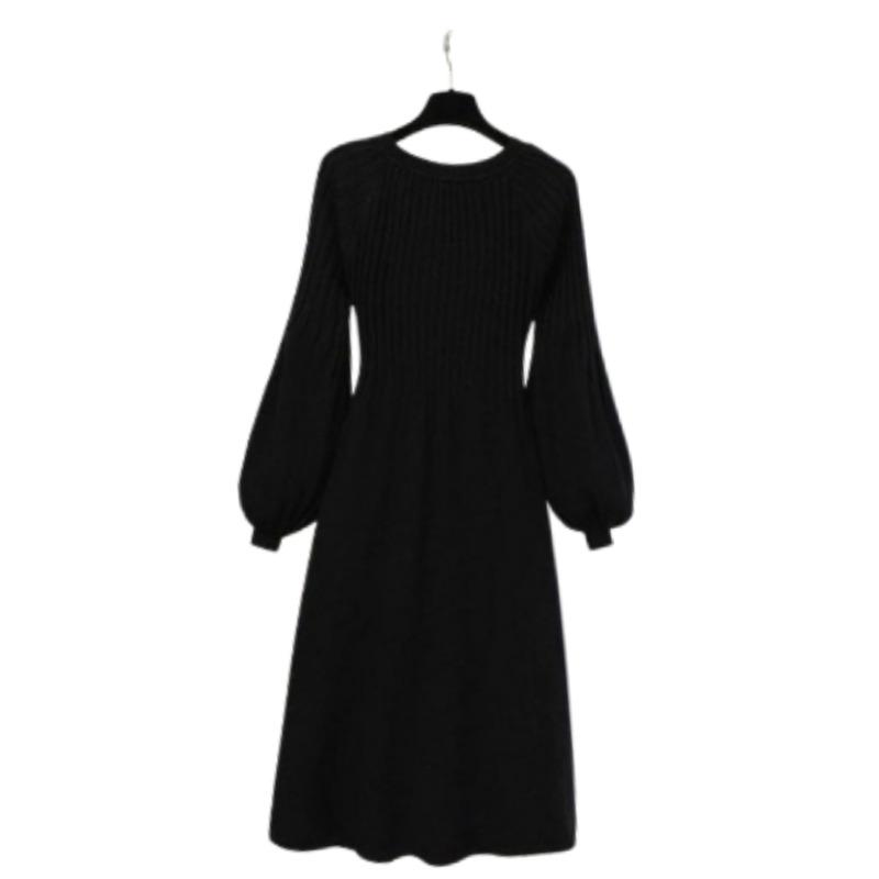 

Women V-Neck Puff Sleeve Midi Dress Casual A-Line Korean Style – Spring Autumn Black-XL