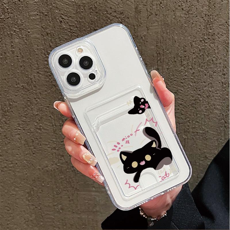 Cartoon Black Cat Printed Soft TPU Clear Shockproof Casing Protective Cover Transparent Full Back Case with 1 Card Slot Holder