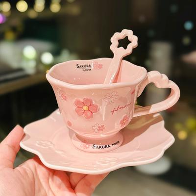 Creative Ceramic Coffee Cup And Saucer Set Office Afternoon Tea Cup And Saucer Girl'S Heart Cherry Blossom Relief Cup And Saucer Souvenir Gift