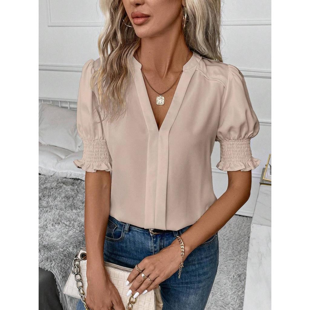 Summer new V-neck temperament bubble sleeves solid color casual women's T-shirt top