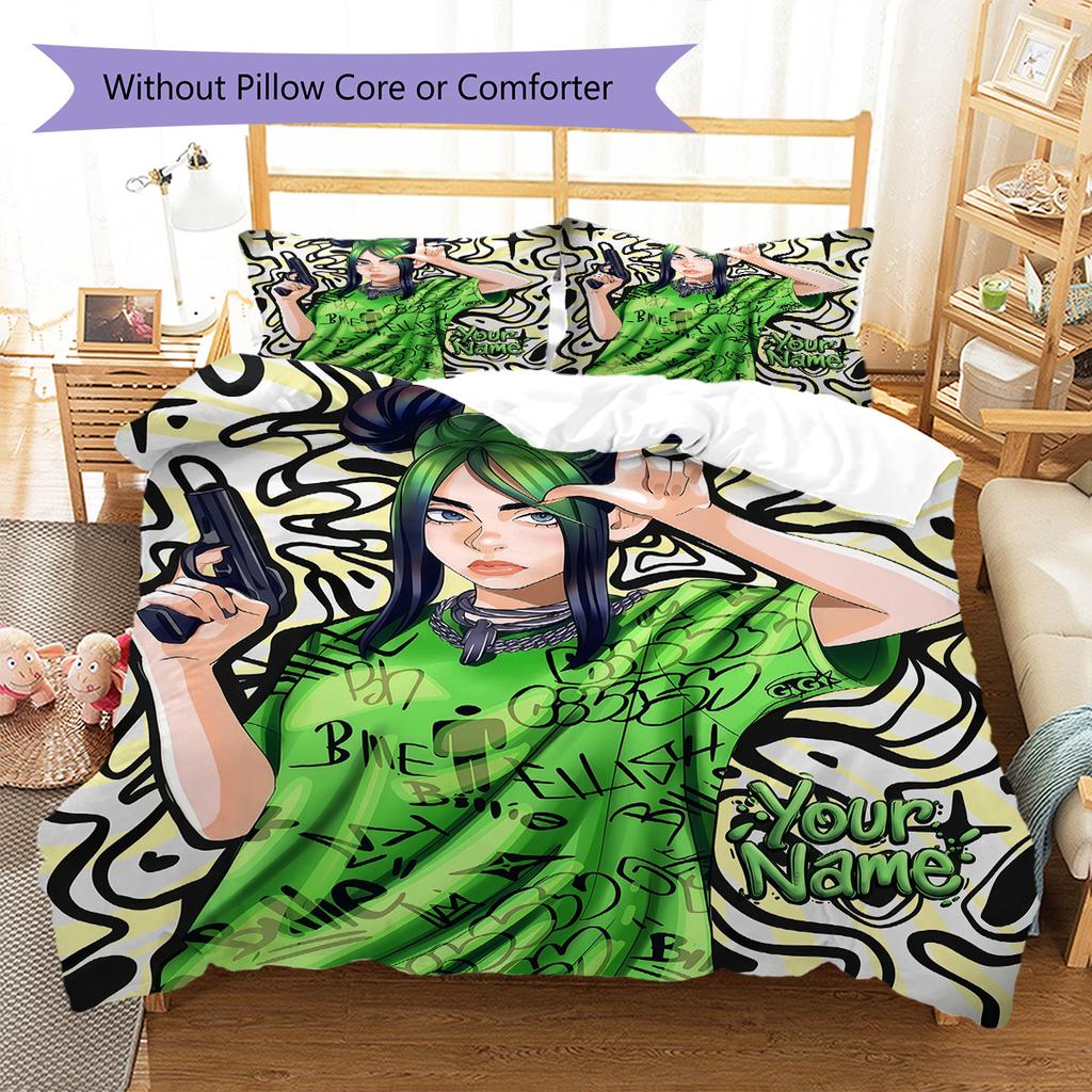 Custom Name Billie Eilish Bedding,Quilt Set Quilt Cover Pillowcase Home Birthday Gift(1 * Duvet Cover + 2 * Pillowcase, Without Core) -HE34