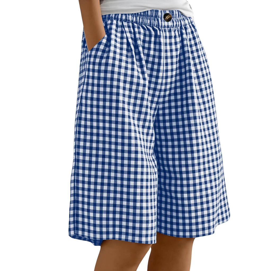 Women's Casual Comfortable Plaid Button-up Summer Shorts With Pockets