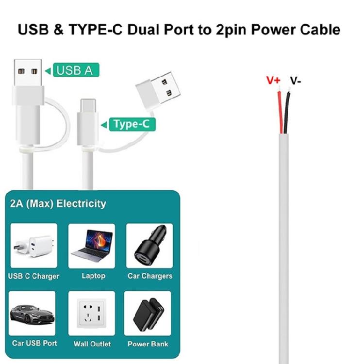 USB C Male Cable 5V 2A 2 Wires Power Pigtail Cable Cord DIY For Routers