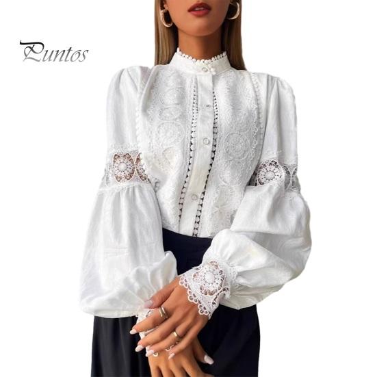 Stehkragen Bluse Damen Stickerei Spitze Hemd, Herbst Laternenärmel Bluse, Hemden Normale Passform Einfarbige Knopfleiste Lässig Formell Oberteil Polyester