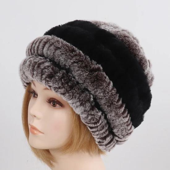 

Русская зимняя шапка из натурального меха, женская вязаная шапка-бомбер из натурального меха кролика рекс, женская натуральная теплая шапка из 100% натурального меха кролика рекс Good elasticity кофейный/чёрный