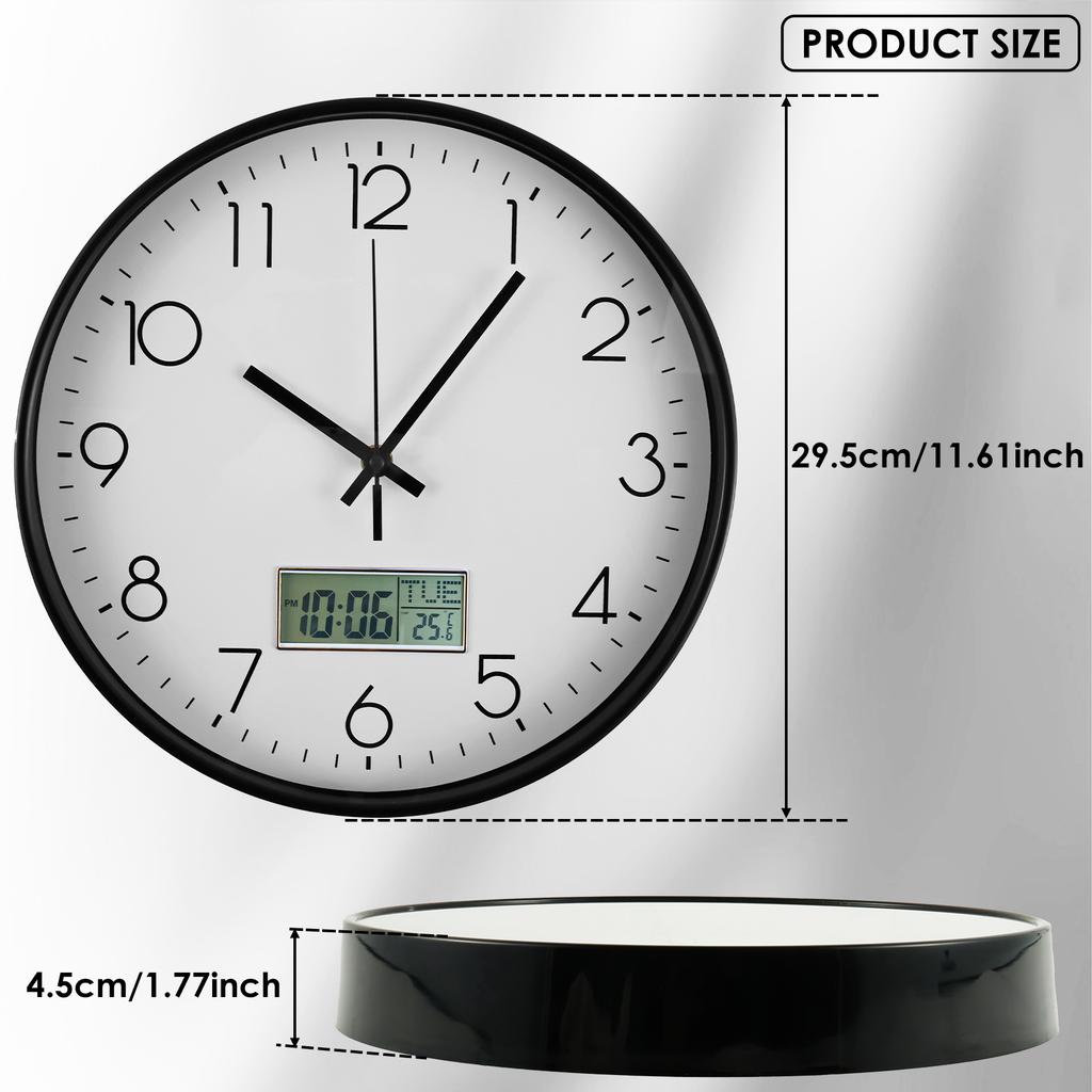 Wall Clock 11.6 Inch Round Wall Clocks Battery Operated Wall Clock with LCD Display for Perpetual Calendar and F° Temperature