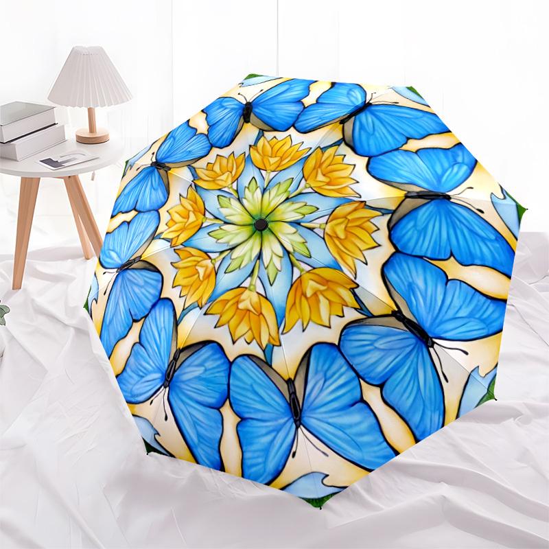 1PC Butterfly Mandala Automatic Open/close Umbrella with 8-Rib Structure for Women/Men, All-Season Use - Travel Essential, Stylish Accessory, Highqual