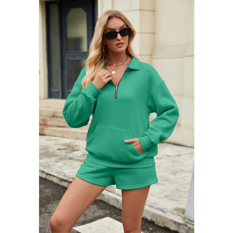 Womens Solid Long Sleeve Sweatshirt With Pockets Shorts Two Piece Casual Set