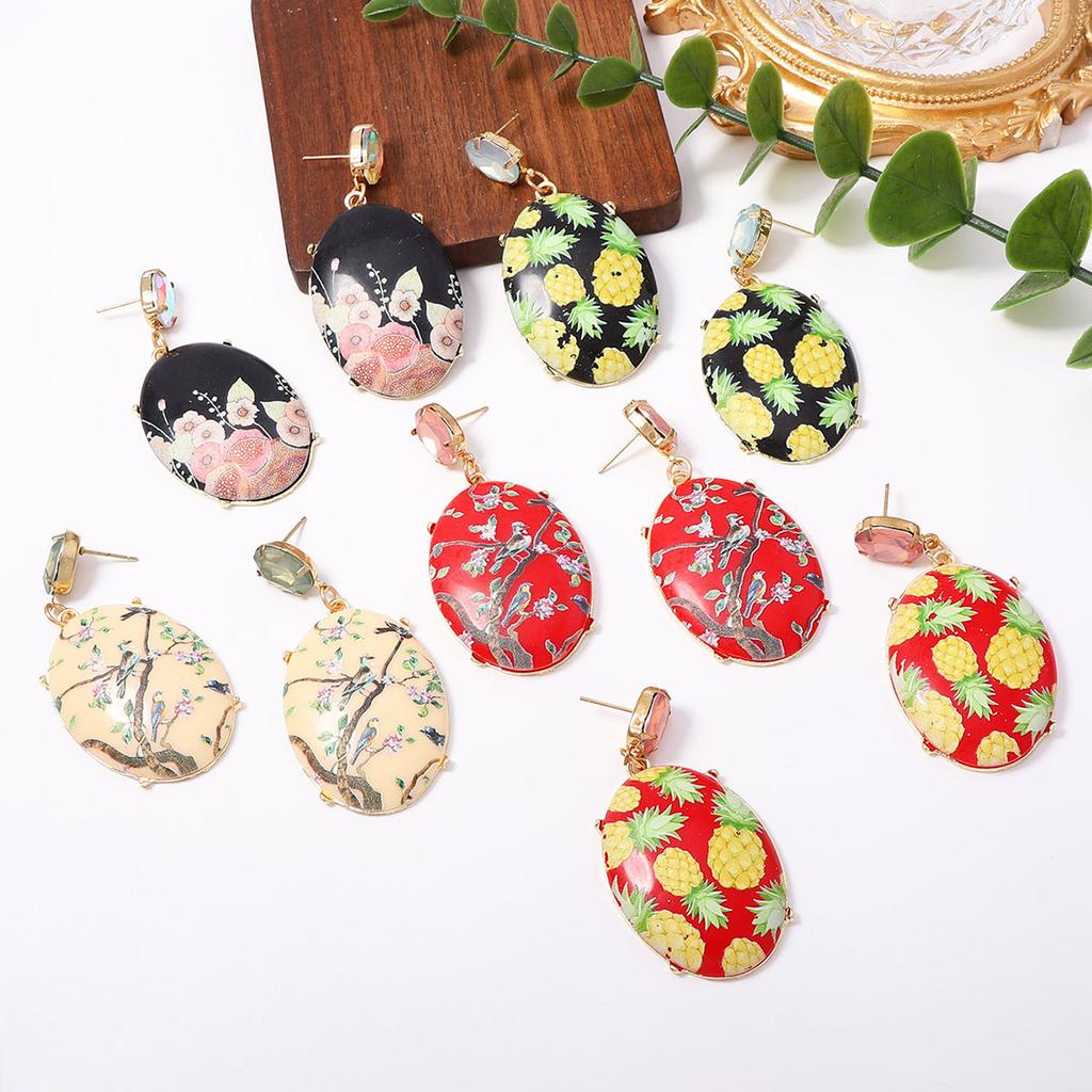 New Chinese style printed oval earrings, niche design sense, colored diamond stud earrings, gentle and elegant, versatile women's models
