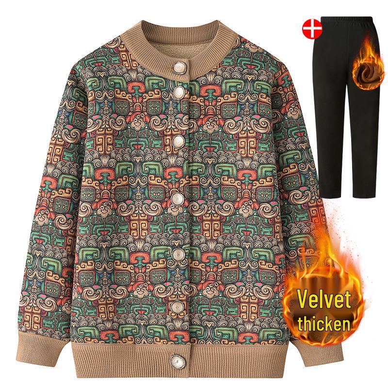 Women's Fleece-Lined Knitted Cardigan - Warm Autumn Winter Jacket for Elderly Ladies