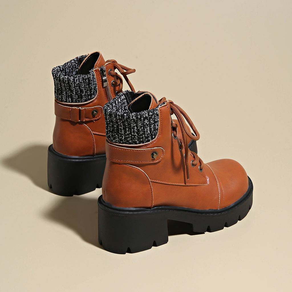 40-43 Large Size Shoes Platform Thick Heel Short Boots Autumn and Winter New Women's Boots Retro Lace-up Belt Buckle Boots Foreign Trade Shoes