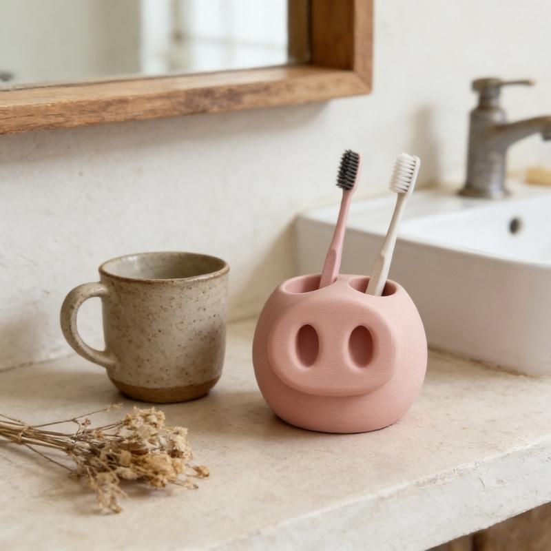 Cute Pink 3D Printed Snout Toothbrush Toothpaste Holder 3D Printed Design for Bathroom Countertop Accessories