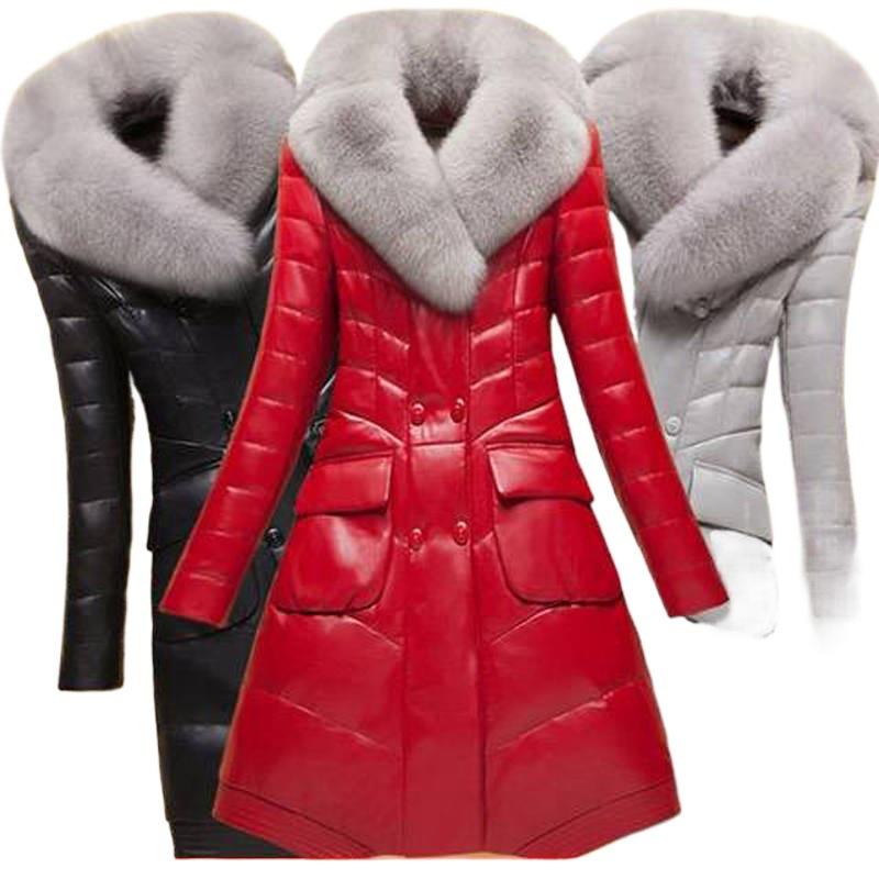 Haining leather jacket women's medium and long leather down jacket women's Korean version thickened large size jacket large fur collar wholesale