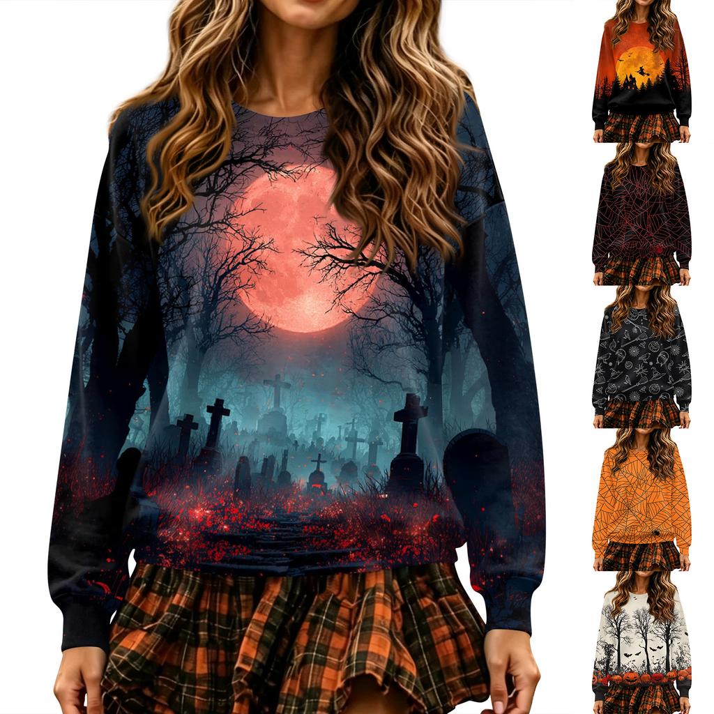 Women's Halloween Print Neck Pullover Sweatshirt, Long Sleeve Casual Fashion Top