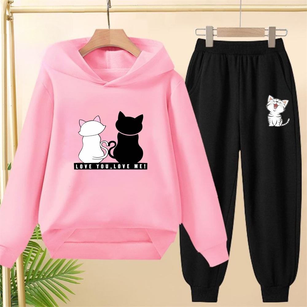 Love You Love Me Girls Children Hoodie White Pink Hoodies+Bottom Pants Suit Toddler Sweatshirr Coat Black Clothing