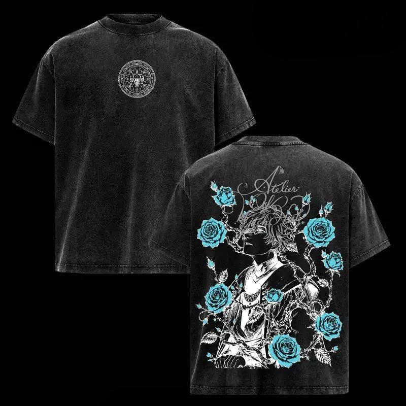 Hot Anime Witch Hat Atelier Qifrey Print T-shirt Men Women Short Sleeve Clothing Cotton Tshirt Retro Washed T Shirt Manga Tops