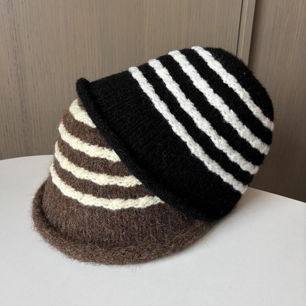 Japanese Striped Retro Knitted Bucket Hat Women'S Warm Wool Hat Versatile Big Brim Showing Face Small Bucket Hat