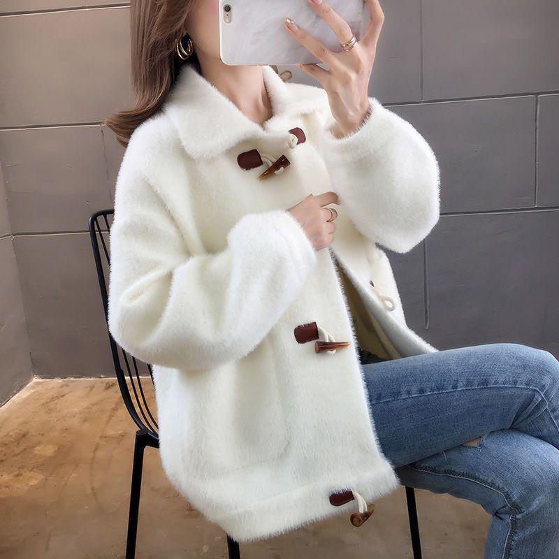 

Women s Spring Faux Mink Velvet Knit Cardigan, Short Loose Fit with Horn Buttons, Plus Size Korean Style Outerwear L (120-130 jin) грязно-белый