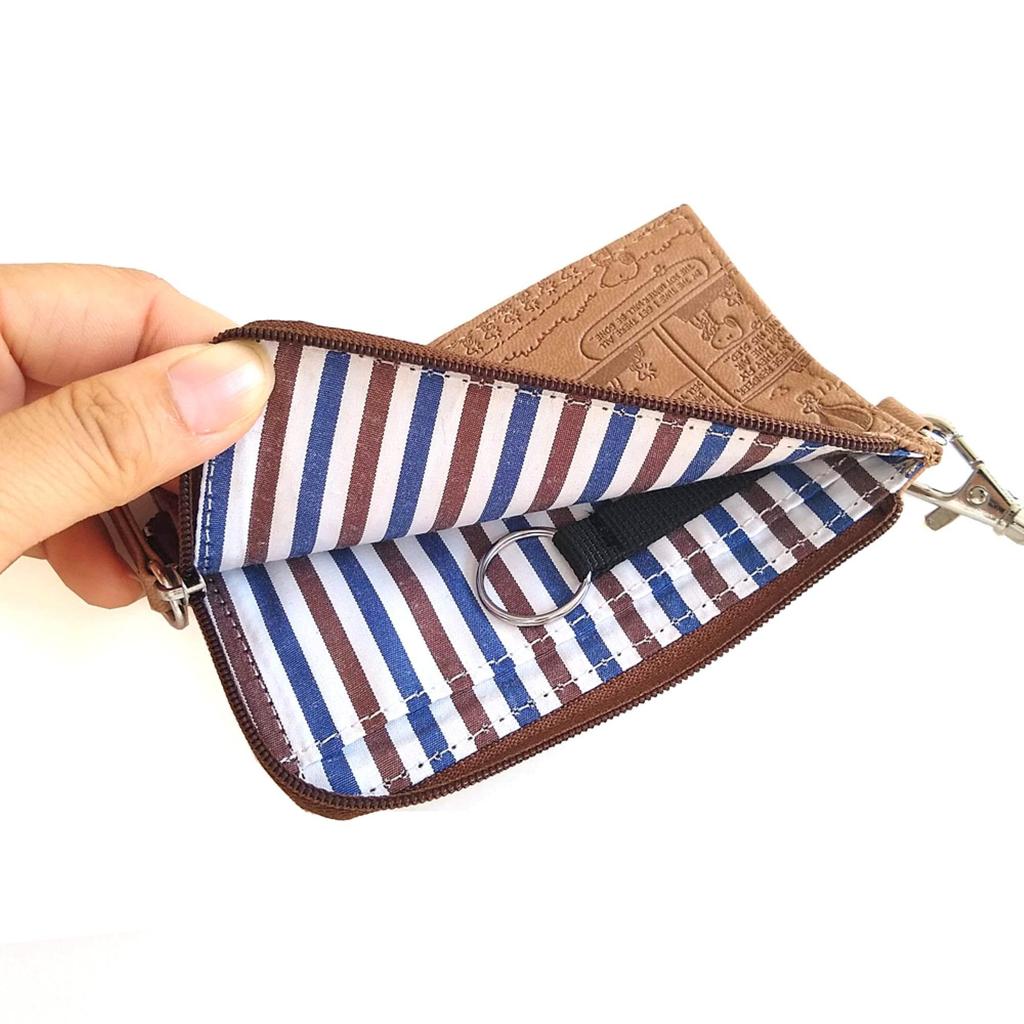 Snoopy Pass Case, Card Case, Key Case with Key Ring, Stylish Faux Leather Zip Case with Cute Embossed Design, All Comics, Brown