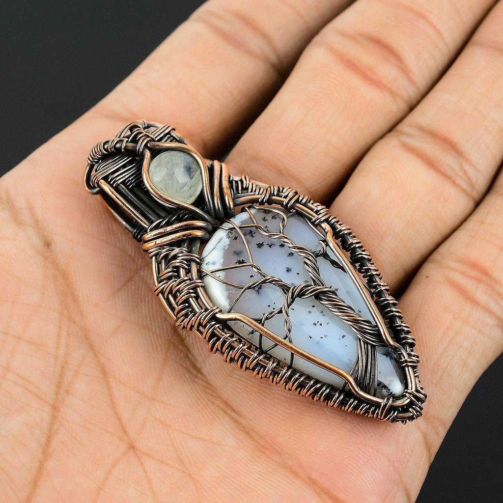 Tree Of Life Dendrite Opal & Rainbow Moonstone Gemstone Jewelry, 999 Copper Wire Wrapped Pendant, Gift For Women Handmade Pendant