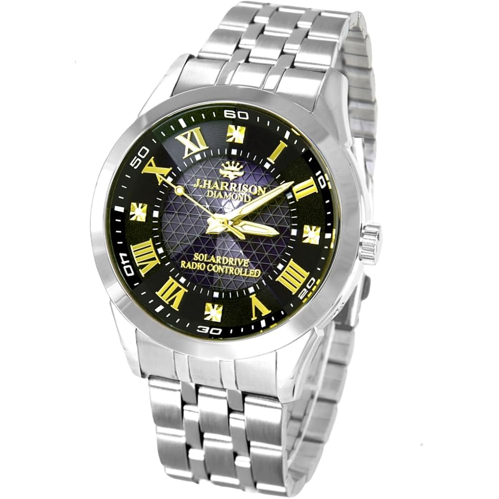 J.Harrison Men s Solar Radio-Controlled Watch Black Crystal Cut Glass Diamond GJH-1082