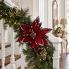Decorative Christmas Flower Picks Artificial Flowers, Handmade Bead Cluster Poinsettia Velvet with Gold Glitter Fabric Three-dimensional Decor Petals,