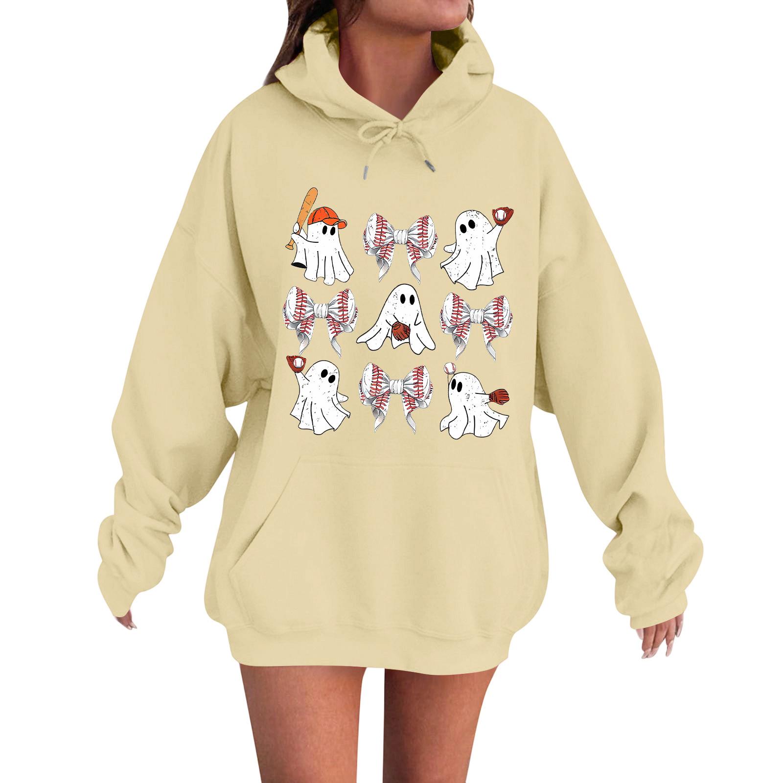 

Женская повседневная модная удобная толстовка с круглым вырезом, капюшоном и длинными рукавами с принтом на Хэллоуин, теплая L