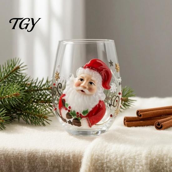 Christmas Glass Cup Stemless Cup, Santa Claus Decorative Drinking Glass, Unique Holiday Kitchenware Transparent Water Mug for Seasonal Party Supplies