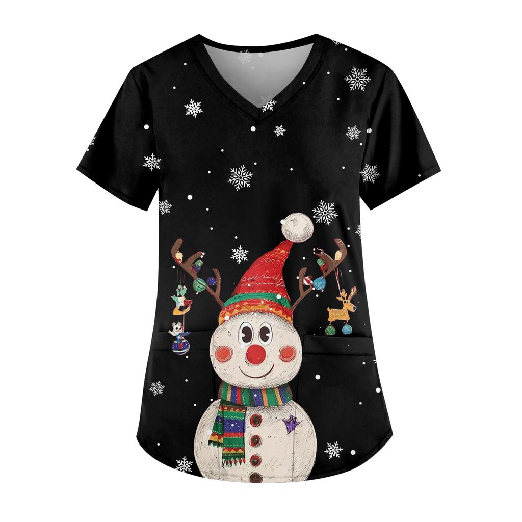 Ladies' Fashionable V-neck Pocket Short Sleeved Christmas Tree Printed Caregiver Uniform