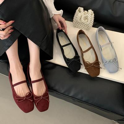 Fashion Soft Velvet Bowtie Ballets Shoes Woman Flats Low Heels Mary Janes Elastic Band Slip On Loafers Femmes Brides Wedding Ballerinas