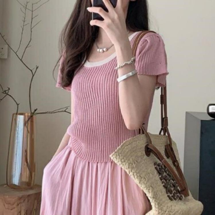 Fashion Clashing Color Knit Short Sleeve T-shirt Women Summer Round Neck Slim Short Unique Chic Small Tops Casual Essential Slim Fit Pullovers Tees