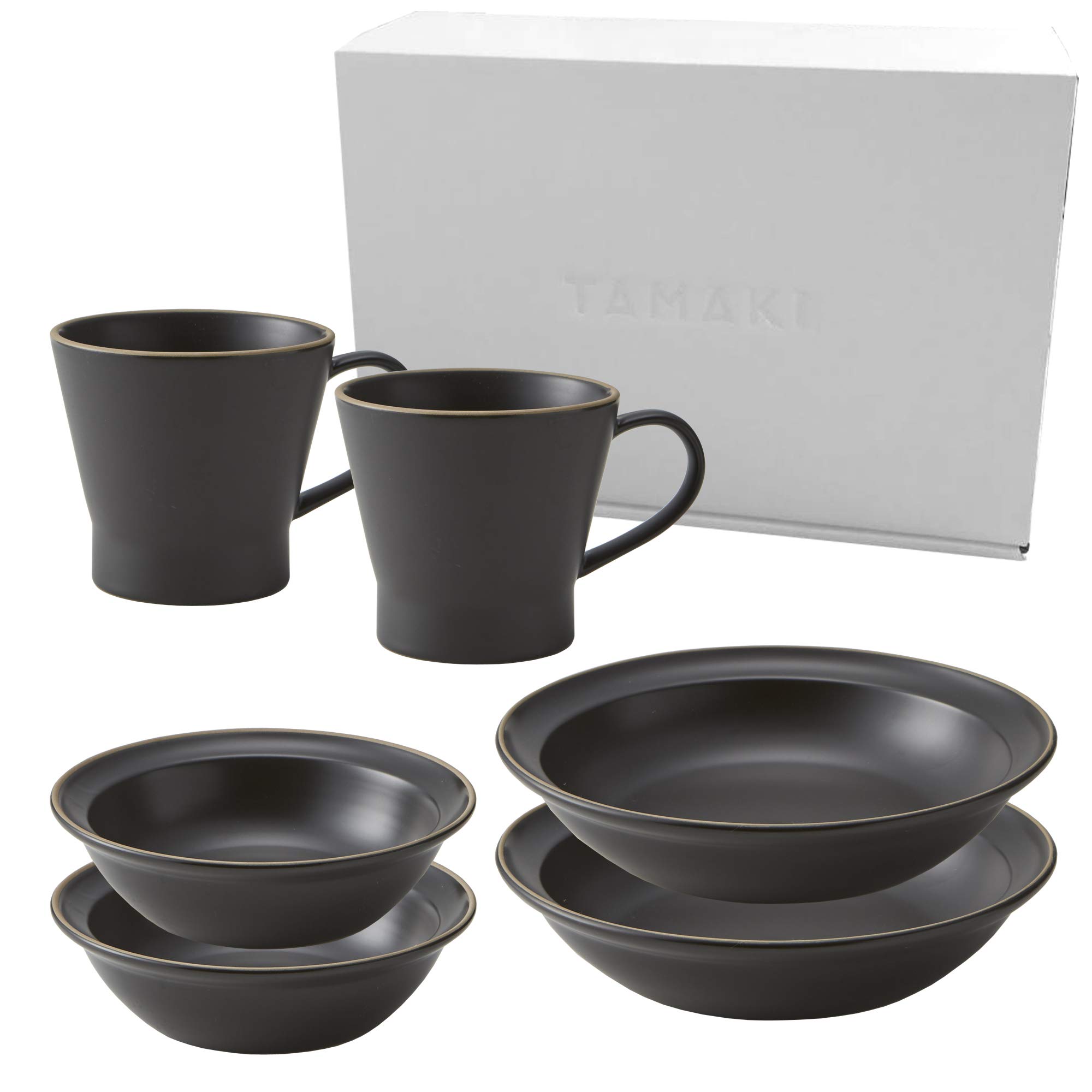 

TAMAKI Edge Line Dinnerware Set for Couples, Black, 350ml Mug, 300ml Small Bowl, 700ml Curry & Pasta Plate, Microwave & Dishwasher Safe, T-926871