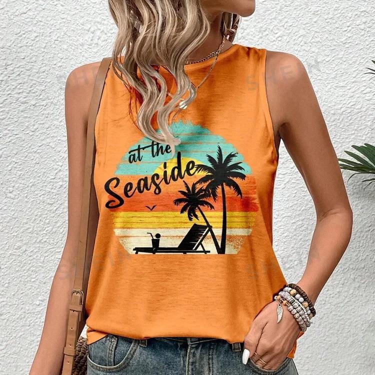 Women's Sleeveless Round-neck Vests Fashionable Coconut Tree Pattern Printed Summer Street Fashion Outdoor Beach Casual Wear