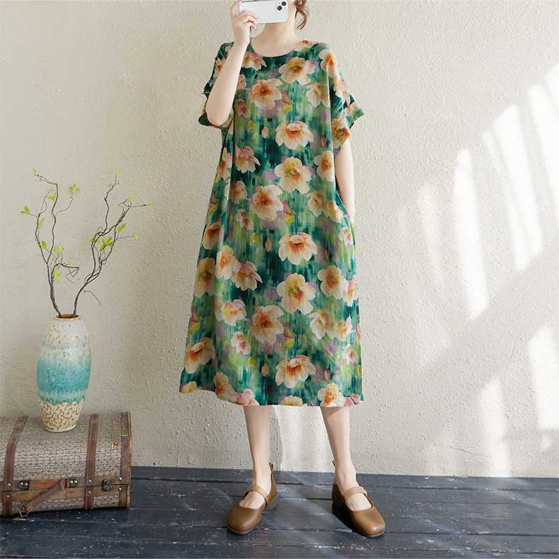Women's Thin Cotton and Linen Loose Short Sleeved Dress with Retro Temperament Fairy Skirt