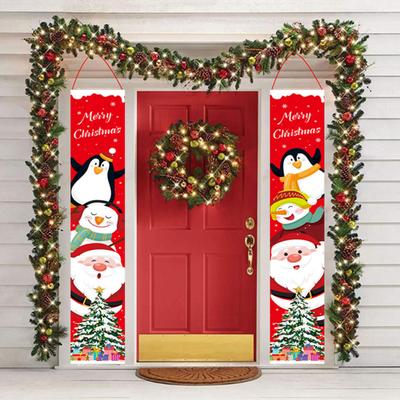 1 Pair Christmas Print Rectangle Couplet Santa Snowman Penguin Reusable Holiday Decoration Xmas Porch Sign