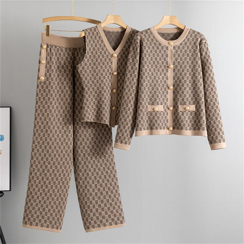 Women's Spring and Autumn New Fashion Style Knitted suit  Tank Top Sweater cardigan Pants 3 Piece suit