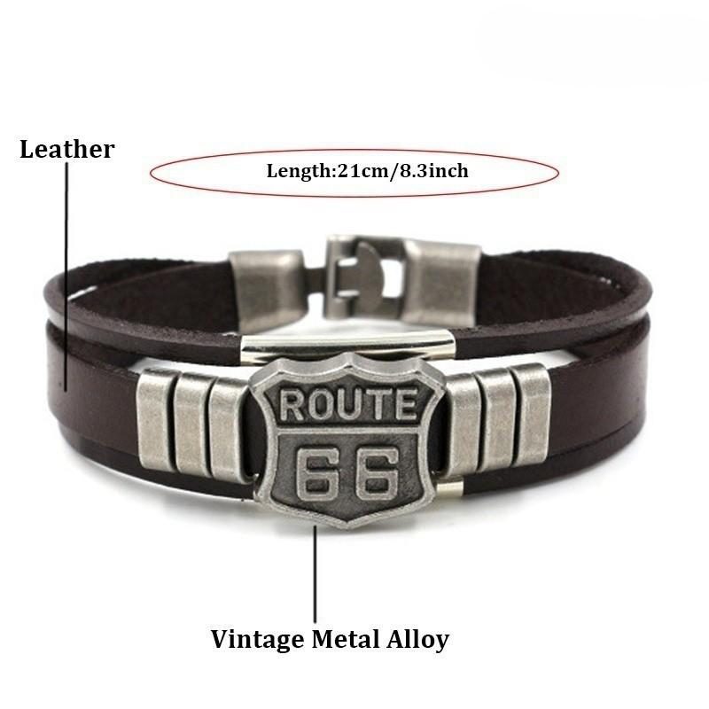 Módní americký vzor Route 66 Náramek Pánský náramek Kovový Vícevrstvý kožený náramek Doplňky