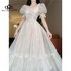 New French Style Elegant Long Dress High-end Texture Gentle Pure Bubble Sleeve Solid Color Printed Long Dress