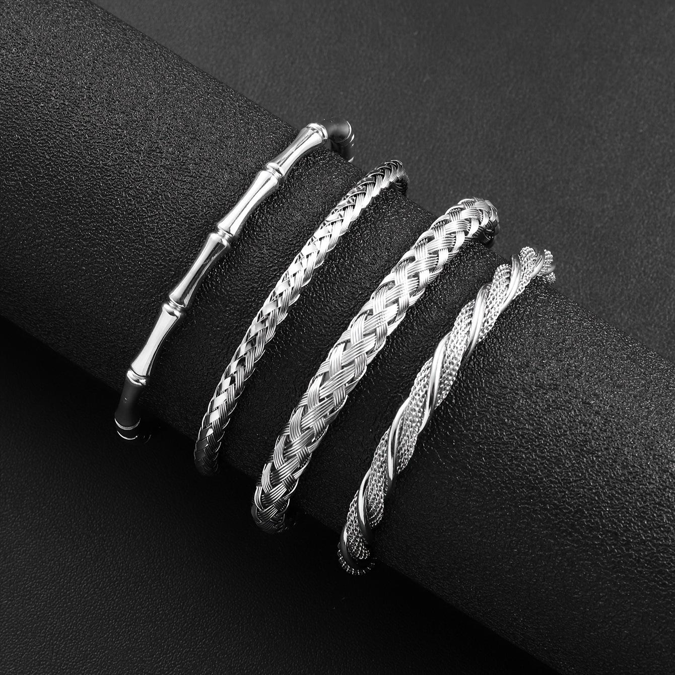 

Stainless Steel Bracelet Braided Twist Wire Open Bangle Personality Minimalist Style Titanium Steel Jewelry Set Steel color bracelet set